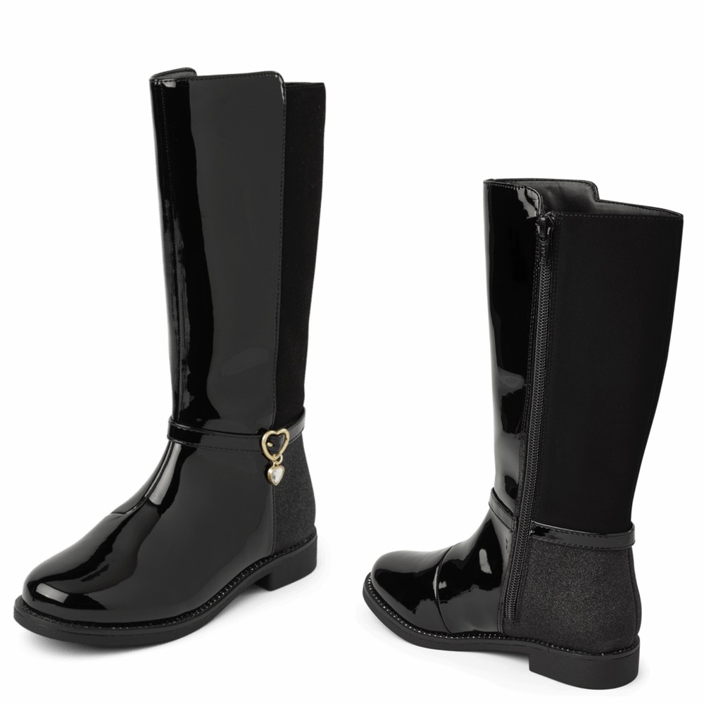 The Children’s‎ Place Girls Black Patent Knee-High Boots Heart Charm NWT Size 5